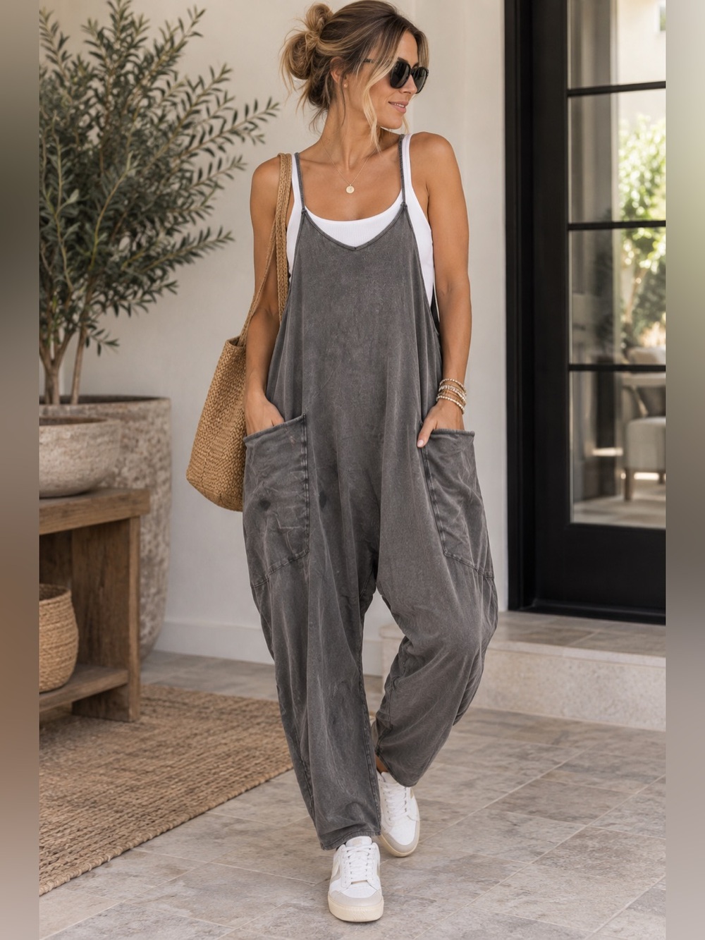 Free People Movement Gray Mineral Wsh Harem Jumpsuit Hot Shot Onesie Overalls XL